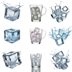 Aufkleber - Multiple images of ice cubes with water splashes and in clear glasses.
