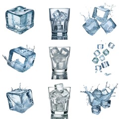 Aufkleber - Multiple ice cubes in various states, some submerged in water, others in glass, and some in a splash.