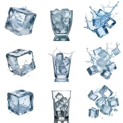 Poster - Multiple ice cubes isolated on a white background, some in glasses, others with water splashes.