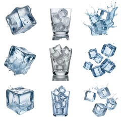 Aufkleber - A collection of ice cubes in various poses, including a glass filled with ice, individual ice cubes splashing into water, and ice cubes floating in mid-air.