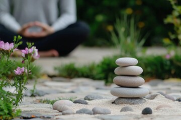 Rock garden with carefully arranged stones and sand. A person sits cross-legged, focusing on their breath