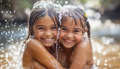 Two little girls embracing and having fun under waterfall