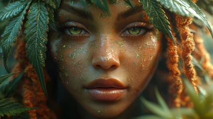 Canvas Print - Close-up portrait of a woman surrounded by lush foliage.