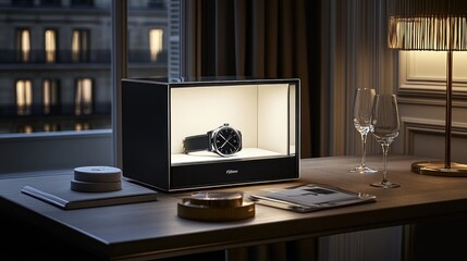 Wall Mural - A stylish watch displayed in a lit showcase on a modern desk.