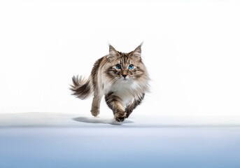 A fluffy cat with blue eyes running towards the camera, isolated on a white background.