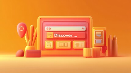 Sticker - A colorful 3D illustration featuring a search interface with various objects for discovery.