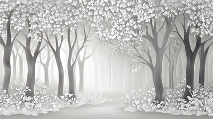 Canvas Print - A serene, monochromatic forest scene with trees and mist, evoking tranquility and nature.