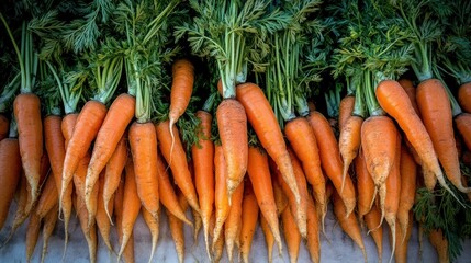 Sticker - A bunch of fresh carrots with green tops, displayed for sale.