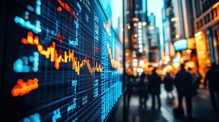 Wall Mural - A digital stock market display with city lights and silhouettes of people in the background.