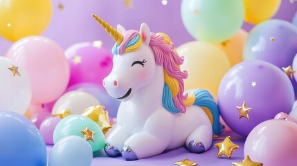 Canvas Print - A cheerful unicorn figurine surrounded by colorful balloons and stars.