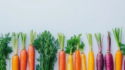 Poster - A colorful arrangement of various carrots with green tops on a light background.