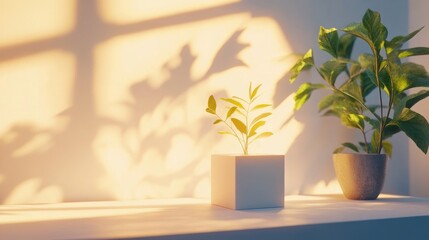 Wall Mural - A serene indoor scene featuring potted plants casting shadows in warm sunlight.