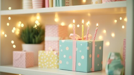 Canvas Print - A festive display of wrapped gifts with candles, creating a cheerful celebration atmosphere.