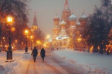 Enchanting winter nights in moscow  stbasil s cathedral and pokrovsky cathedral illuminated