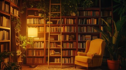 Poster - Cozy reading nook with bookshelves, a ladder, and a yellow armchair surrounded by plants.