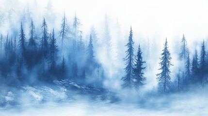 a tranquil blue landscape of a foggy winter forest invites calm and exploration in its icy wonderlan