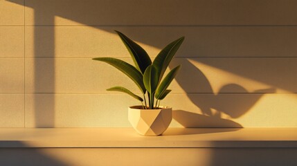 Sticker - A potted plant casts shadows in warm sunlight on a minimalist shelf.