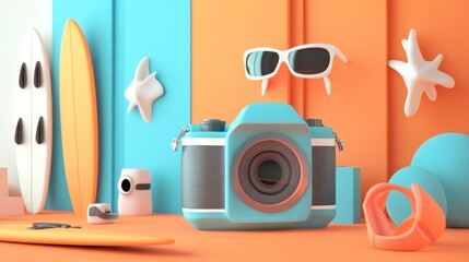 Sticker - A vibrant arrangement of summer leisure items, including a camera, surfboard, and sunglasses.