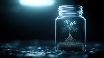 Wall Mural - A small tree grows inside a glass jar, symbolizing growth and sustainability.