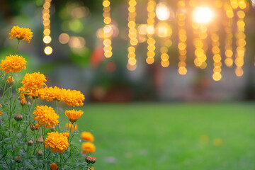 Wall Mural - Marigolds against a blurred garland background of a park, house or temple. Banner template for autumn festival or toran Indian traditional Diwali, Day of dead, wedding copyspace