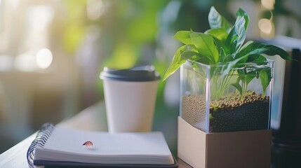 Wall Mural - A cozy workspace featuring a plant, coffee, and a notebook for inspiration.