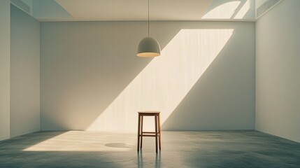 Sticker - A minimalist interior featuring a stool and pendant light, illuminated by natural light.