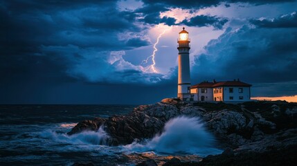 Canvas Print - A lighthouse stands against a stormy sky, illuminated by lightning and crashing waves.