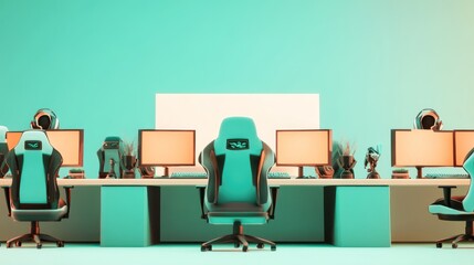 Sticker - A modern workspace featuring gaming chairs and monitors in a vibrant teal setting.