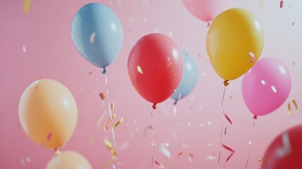 Canvas Print - Colorful balloons floating against a pink background, celebrating joy and festivity.