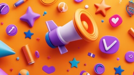 Poster - Colorful graphic elements including a megaphone and various shapes on an orange background.