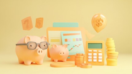 Poster - A playful finance-themed scene featuring piggy banks, a calculator, and financial graphs.