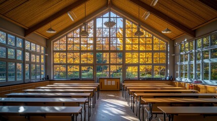 Poster - A spacious classroom with large windows showcasing autumn foliage outside.