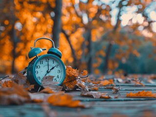 Vintage Alarm Clock Resting on Autumn Leaves