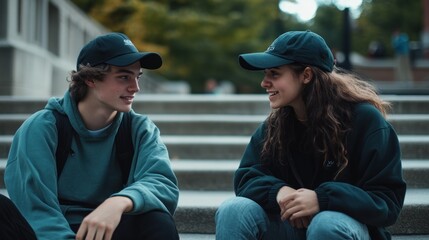 Canvas Print - Two young people sitting on steps, engaging in a friendly conversation outdoors.