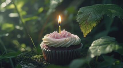 Wall Mural - A cupcake with pink frosting and a lit candle, set against a lush, green background.