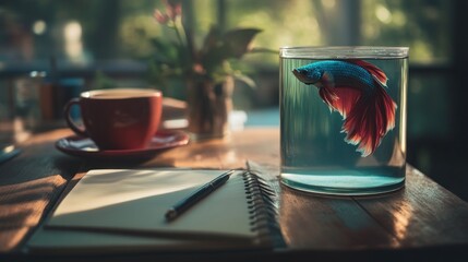 Sticker - A serene scene featuring a betta fish in a glass bowl beside a notebook and coffee.