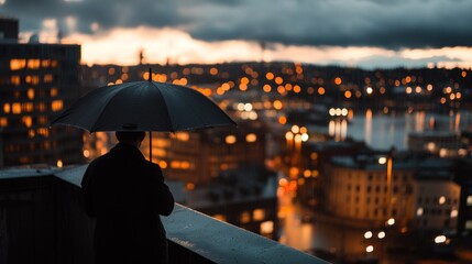 Poster - A silhouette holding an umbrella overlooks a cityscape at dusk, illuminated by city lights.