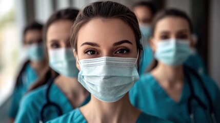 Canvas Print - Group of healthcare professionals wearing masks in a clinical setting.