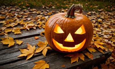 Lit jack-o-lantern on wooden surface with fall leaves