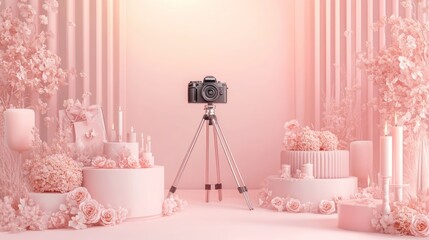 Poster - A pink-themed photography setup featuring a camera on a tripod surrounded by floral decorations.