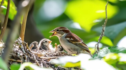 Wall Mural - A parent bird feeding its chicks in a nest surrounded by green foliage.