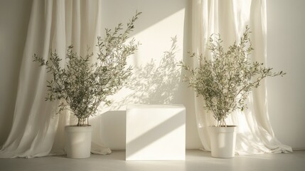 Poster - A serene arrangement of potted plants beside a minimalist pedestal in soft natural light.