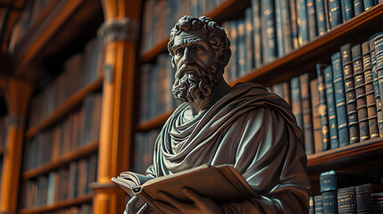 Wall Mural - In the Realm of Thought: A Stoic Philosopher’s Statue in the Library