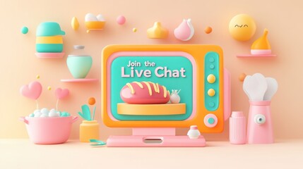 Poster - A colorful, playful setup featuring a retro TV promoting a live chat about food.