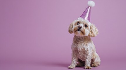 Sticker - A cute dog wearing a party hat, sitting against a pink background, celebrating a festive occasion.