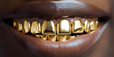 Canvas Print - Close-up of a person's mouth showing off shiny gold teeth, urban, grills, bling, hip-hop, dental, dental work, cosmetic, fashion