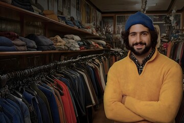 Man in a charity shop thrifting vintage clothes wearing a yellow sweater.