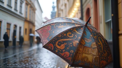 Poster - A decorative umbrella in a rainy street, highlighting urban life and weather.