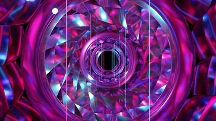 Wall Mural - Abstract background 3D animation moving through shiny glass metal and neon lights tunnel, loop