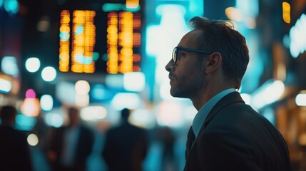 Wall Mural - A contemplative man in a suit stands amidst vibrant city lights and blurred figures.